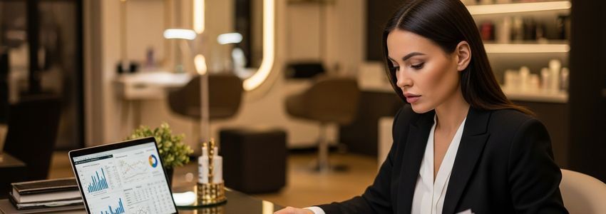 Eyelash extension business owner reviewing loan options at salon desk