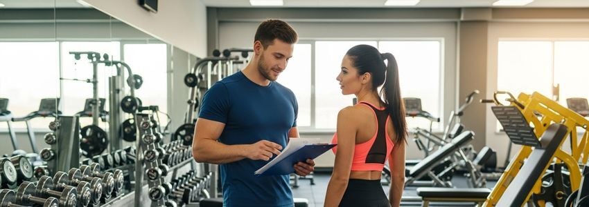Fitness franchise professionals reviewing loan and business financing documents in a commercial gym setting