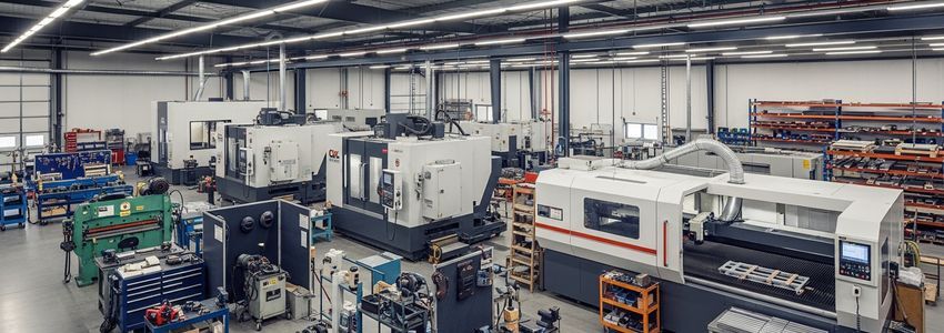Professional fabrication shop floor with CNC machining equipment and metalworking machinery