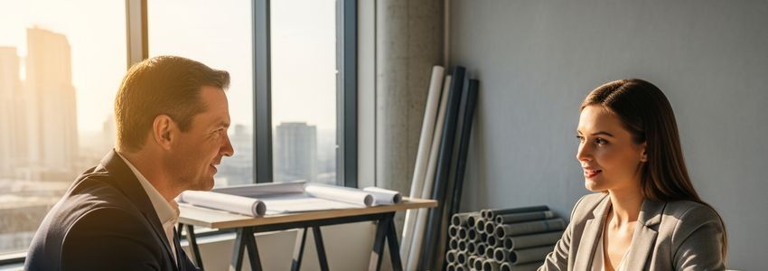 Business owner reviewing facility renovation loan documents with financial advisor