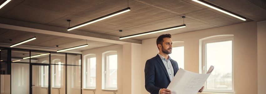 Business owner reviewing renovation plans in a newly upgraded commercial facility