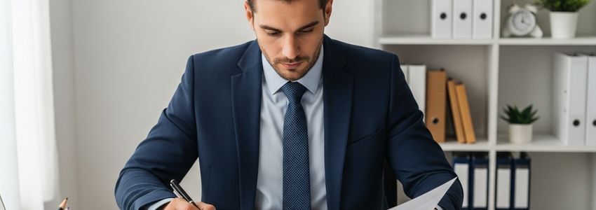 Small business owner reviewing factoring company proposals in office