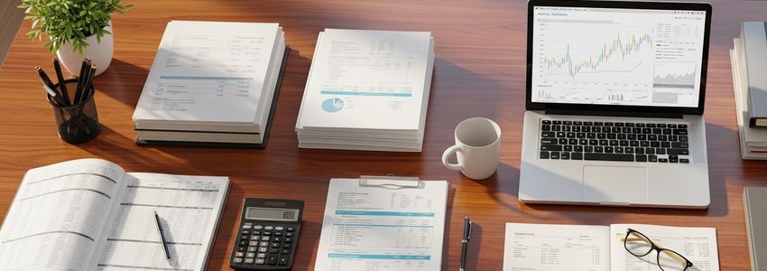 A professional office desk with financial invoices, laptop showing financial charts, and business documents representing invoice factoring and accounts receivable management