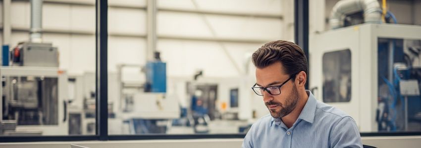 Factory manager reviewing equipment financing documents at a manufacturing facility