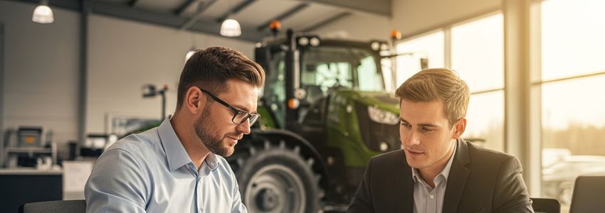 Farm equipment dealer and client reviewing financing options in a dealership showroom
