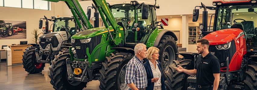 Farmer reviewing farm equipment financing options with an agricultural equipment dealer