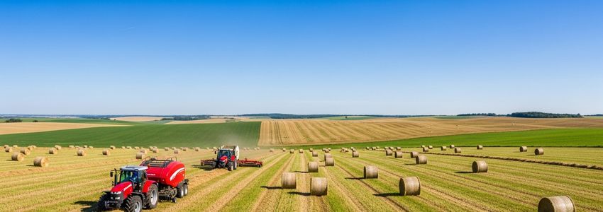 Farmers leasing combines and hay balers in an agricultural field - farm equipment leasing for agricultural businesses