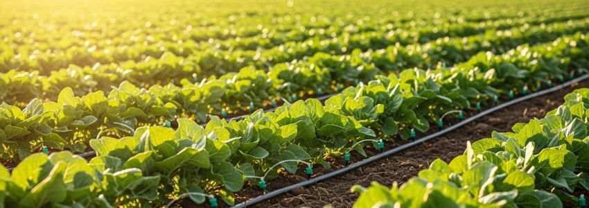 Drip irrigation system with emitters running between rows of crops on a farm