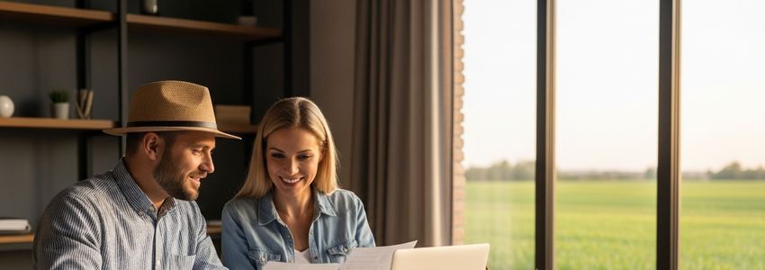 Farmer couple reviewing farm operating loan documents with agricultural field in background