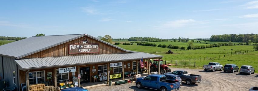 Rural farm supply store exterior with customers loading agricultural supplies