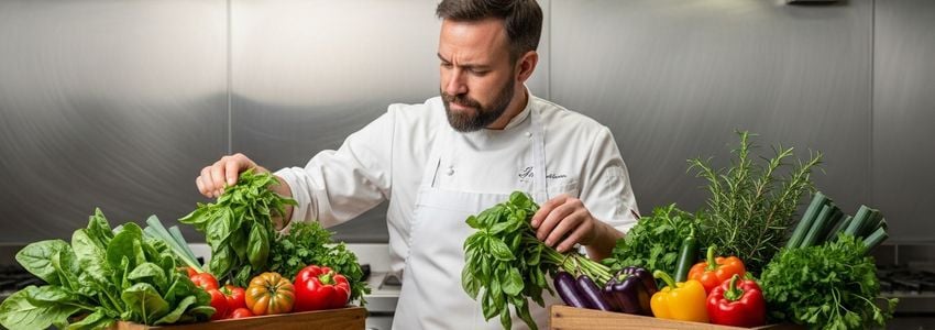 Farm-to-table restaurant chef inspecting fresh local produce for menu sourcing
