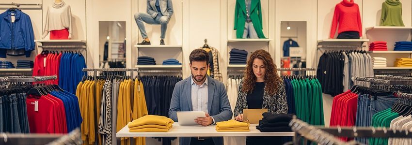 Fashion boutique owner reviewing inventory financing options on a tablet in their apparel store