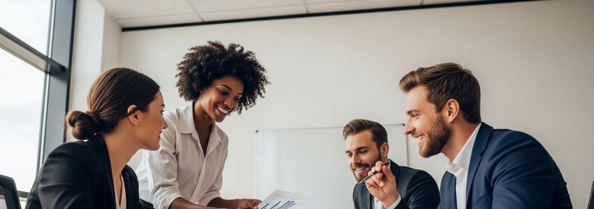 Business team celebrating a fast business loan approval together at a conference table