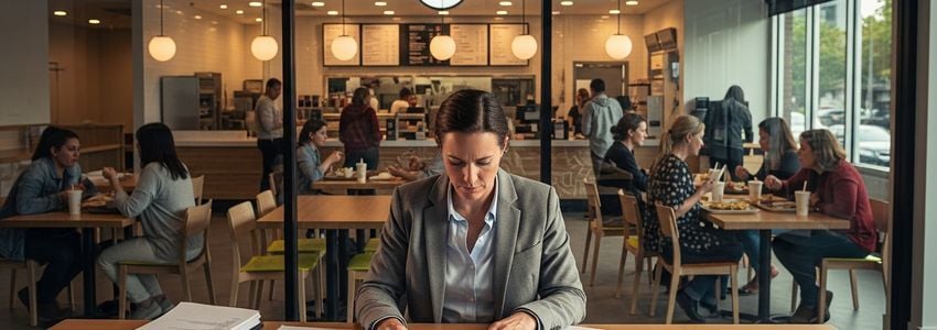 Restaurant owner reviewing business financing documents at a fast casual restaurant