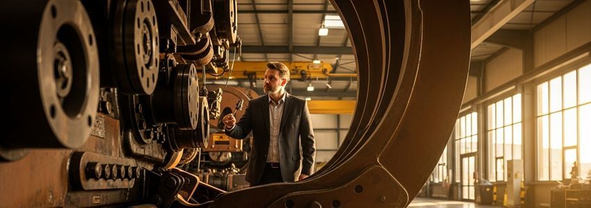 Business owner reviewing equipment financing options with industrial machinery in the background