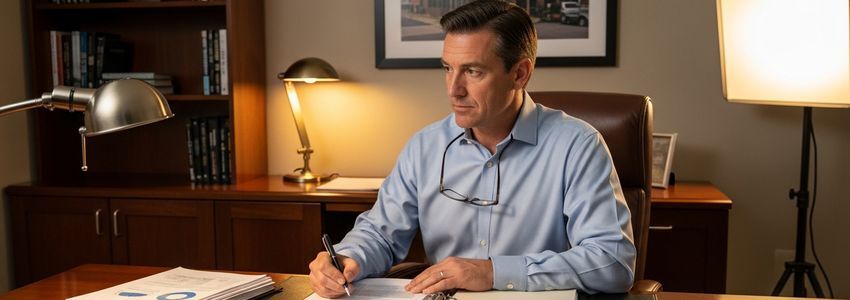 Business owner reviewing fast food financing documents at office desk