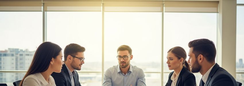 Business professionals discussing fast funding options at a conference table