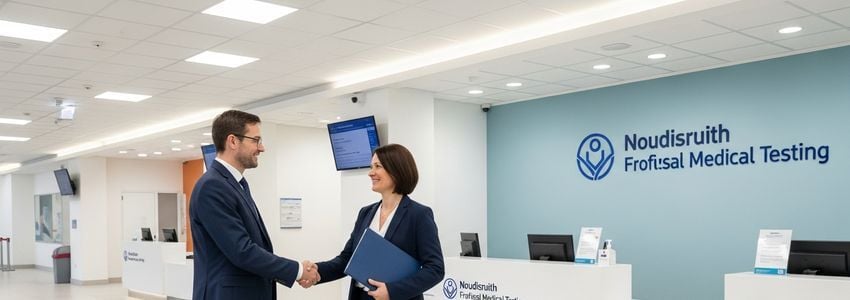Business professionals discussing Fastest Labs franchise financing options at a medical testing facility