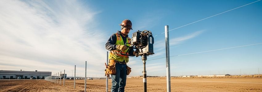 Fence company contractor installing fence posts using professional equipment