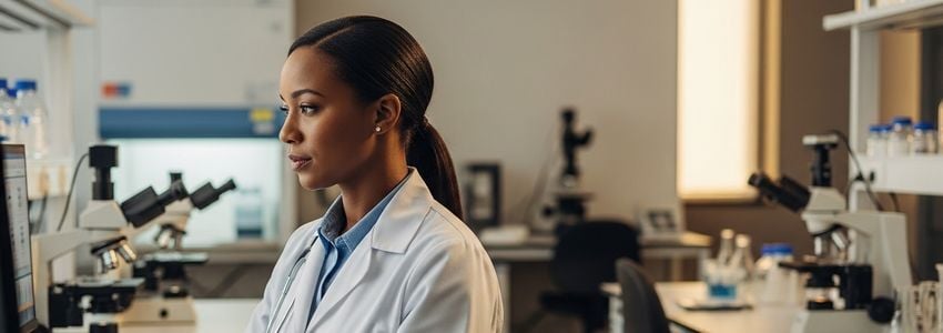 Reproductive endocrinologist reviewing lab results in a modern fertility clinic laboratory