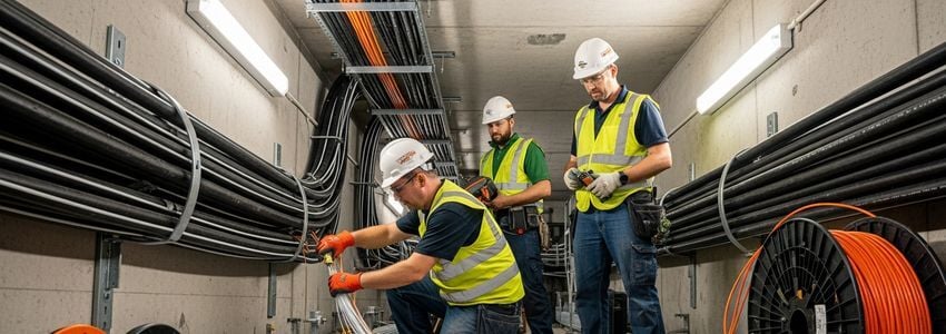 Fiber optic installation crew working on telecommunications infrastructure