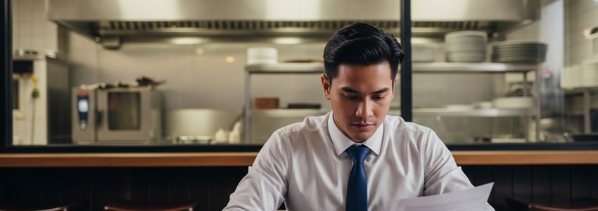 Filipino restaurant owner reviewing business loan documents with commercial kitchen in background