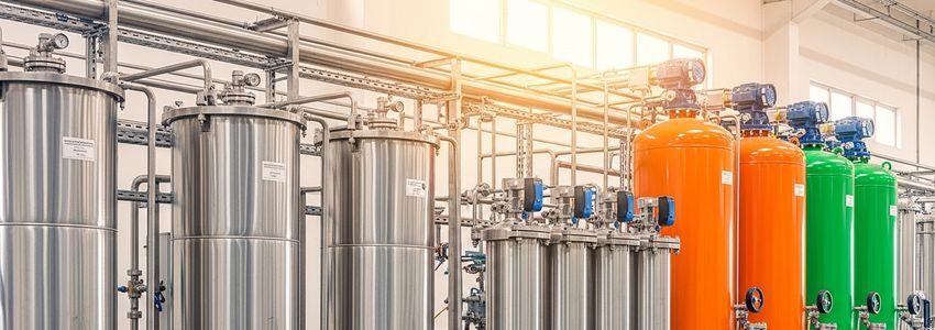 Industrial filtration equipment showing colorful stainless steel filtration tanks and piping in a modern manufacturing facility