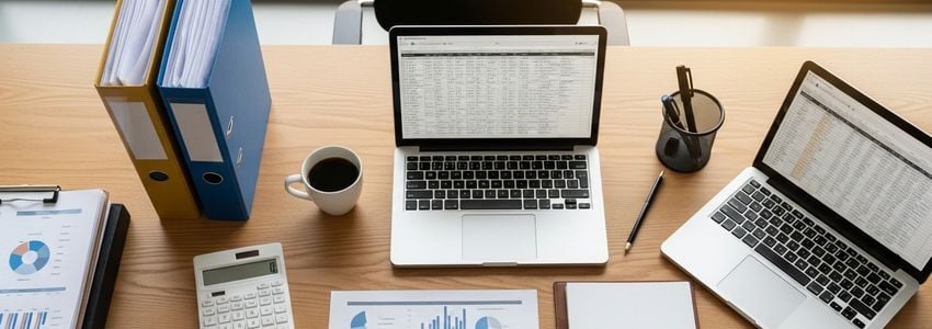 Organized small business financial workspace with documents and spreadsheets