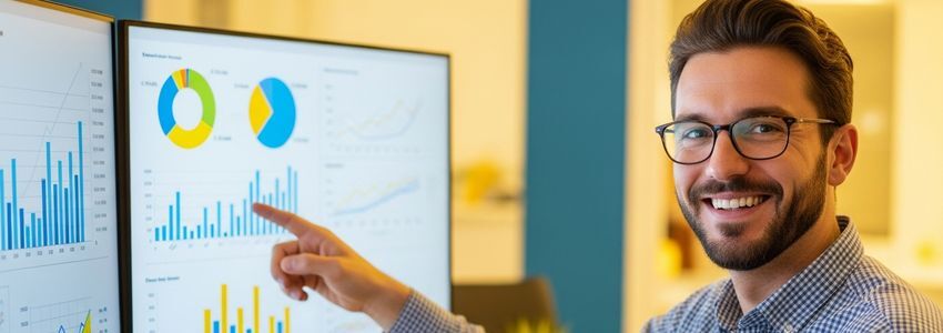 Small business owner reviewing financial forecast charts and projections on a computer monitor