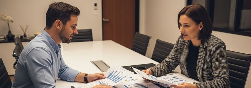 Small business owner and financial advisor reviewing financial projection reports and charts at a conference table