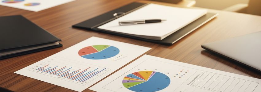 Business professionals reviewing financial benchmark reports and industry performance data