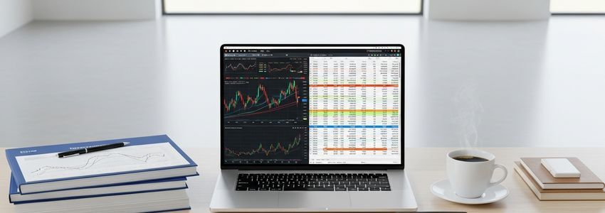 Business professional analyzing financial metrics and reports on a laptop
