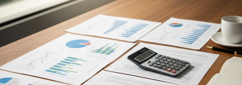 Business professionals reviewing financial ratios and underwriting documents in a modern office meeting room