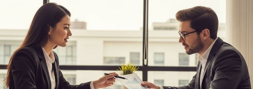 Two business professionals reviewing financial statements and charts together in a modern conference room
