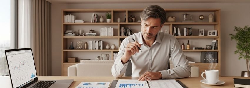Small business owner reviewing financial documents and reports at a modern office desk