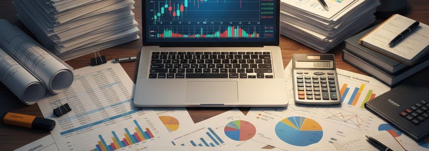Financial documents, charts and spreadsheets spread across a professional business desk for financial statement analysis