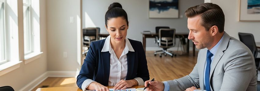 Small business owner and financial advisor reviewing financing options to reduce financial stress