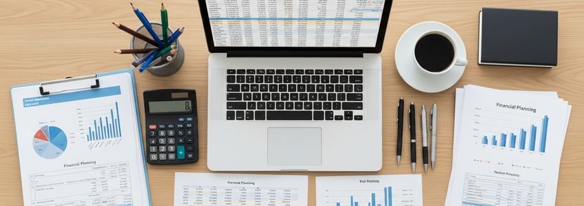 Business owner reviewing financial planning documents and charts on a desk