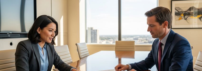 Business professionals reviewing small business financing terms and loan documents at a conference table