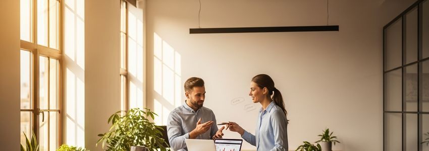Fintech business professionals reviewing debt financing strategy in a modern office