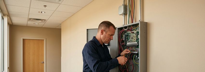 Fire alarm technician installing a new commercial fire alarm control panel in an office building
