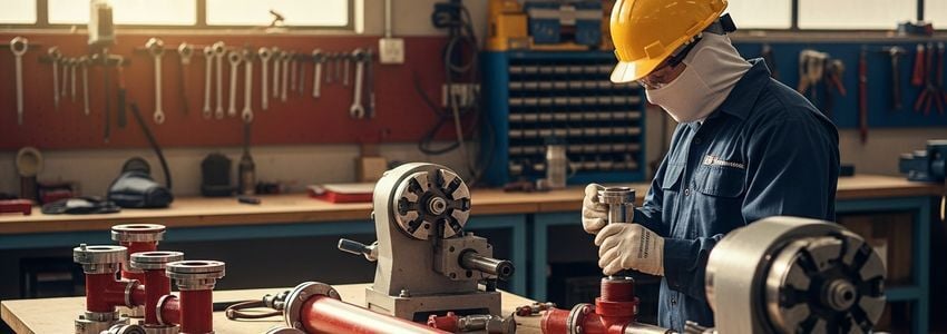 Fire protection contractor working with red fire sprinkler pipes and threading equipment in workshop