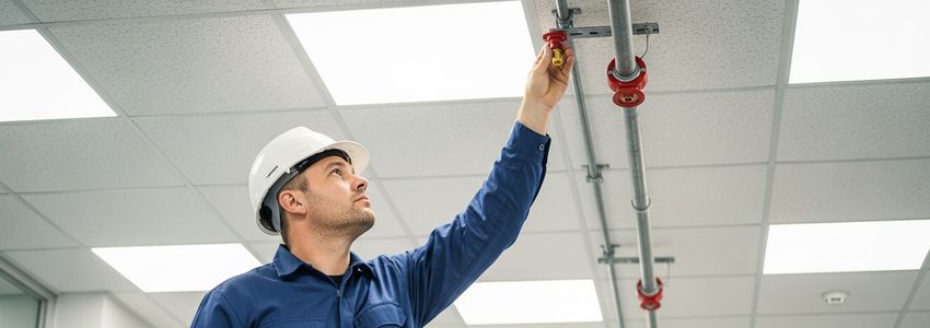 Fire suppression technician inspecting sprinkler system in a commercial building