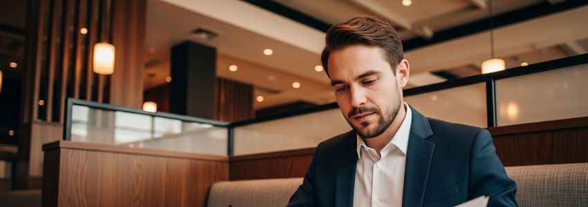 Restaurant franchisee reviewing Firebirds franchise financing documents at an upscale restaurant