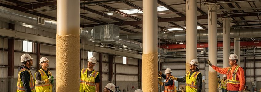 Fireproofing contractor crew inspecting passive fire protection on steel structures