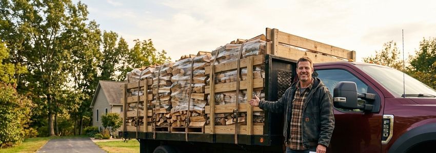 Firewood business owner loading split firewood into a flatbed delivery truck at a wood yard