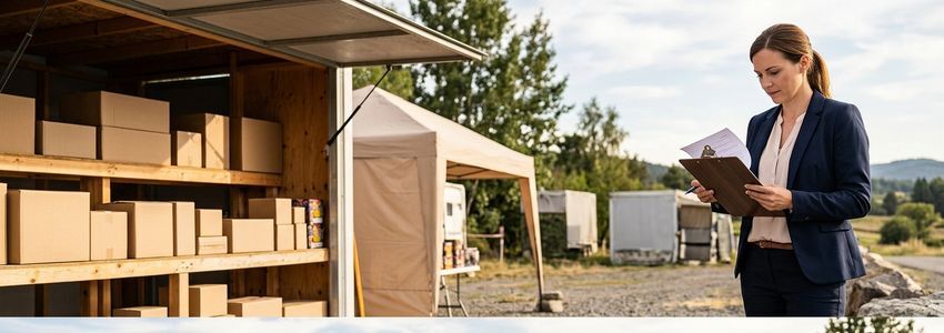 Fireworks retail stand owner reviewing inventory financing paperwork near a display tent
