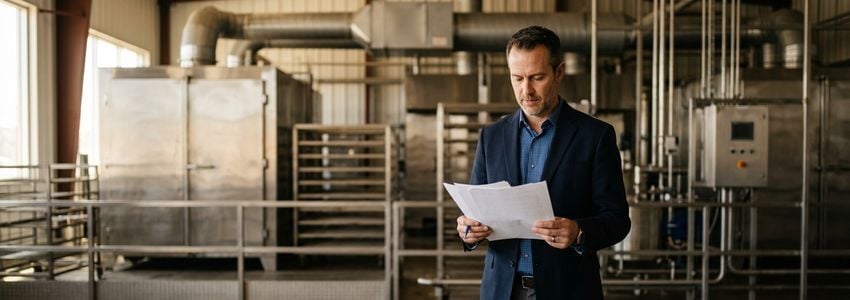 Business owner reviewing fish smoking equipment financing options in a commercial smokehouse facility
