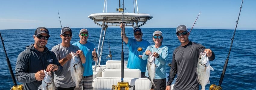 Fishing charter boat captain steering vessel on the open ocean during a guided fishing trip