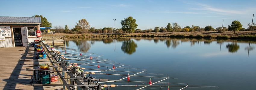 Commercial fishing pond business with dock, fishing rods, and bait shop facility